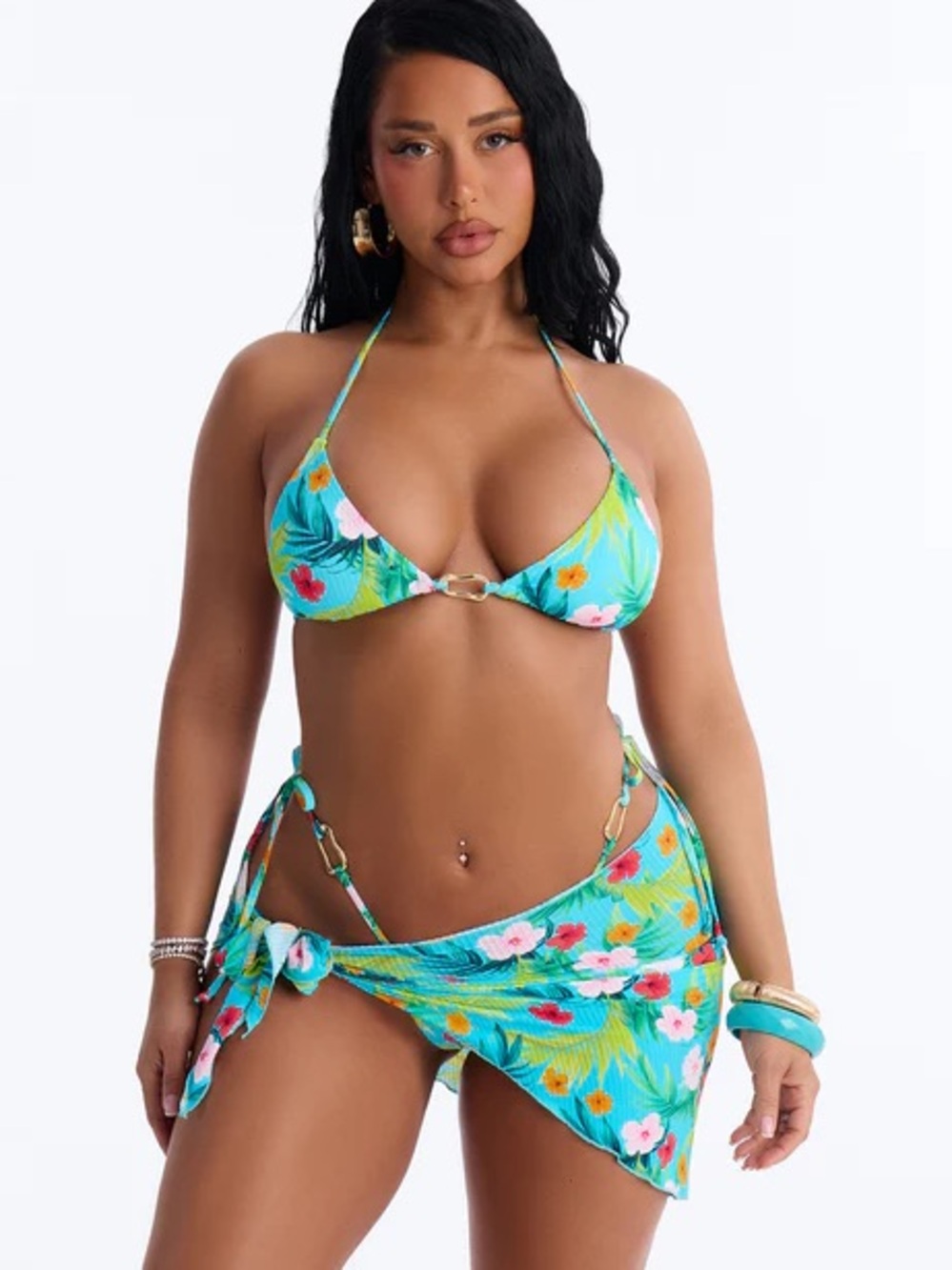 Fashion Nova Turquoise Floral Tie-Side Triangle Bikini Set with Sarong